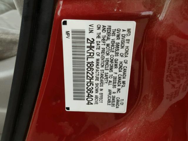 2HKRL18622H536404 - 2002 HONDA ODYSSEY EX RED photo 10