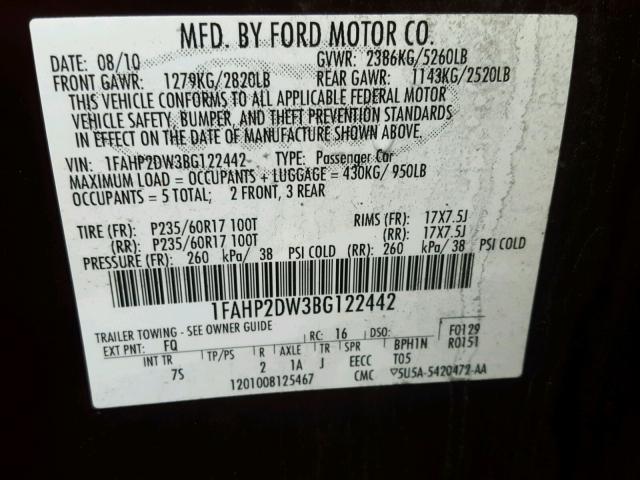 1FAHP2DW3BG122442 - 2011 FORD TAURUS SE BURGUNDY photo 10