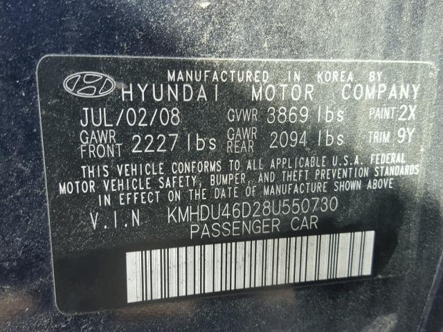 KMHDU46D28U550730 - 2008 HYUNDAI ELANTRA GL BLUE photo 10