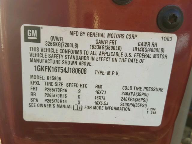 1GKFK16T54J180608 - 2004 GMC YUKON XL K RED photo 10