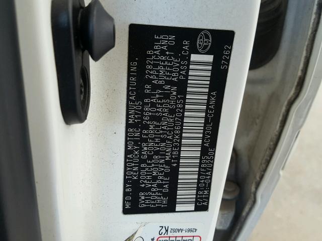 4T1BE32K86U702851 - 2006 TOYOTA CAMRY LE 白色 照片 10