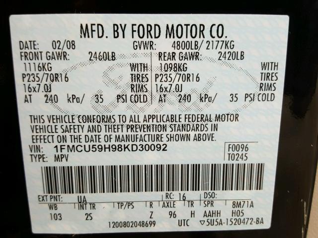 1FMCU59H98KD30092 - 2008 FORD ESCAPE HEV BLACK photo 10