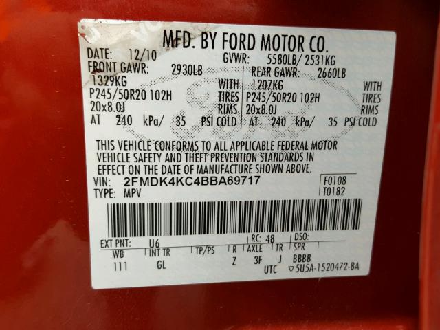 2FMDK4KC4BBA69717 - 2011 FORD EDGE LIMIT RED photo 10