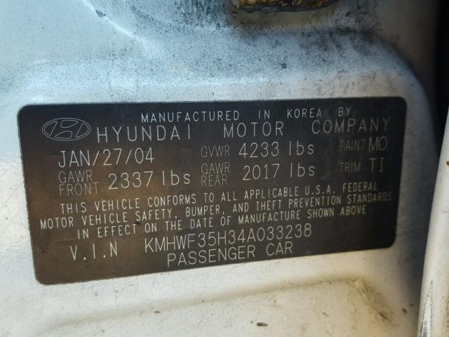 KMHWF35H34A033238 - 2004 HYUNDAI SONATA GLS WHITE photo 10