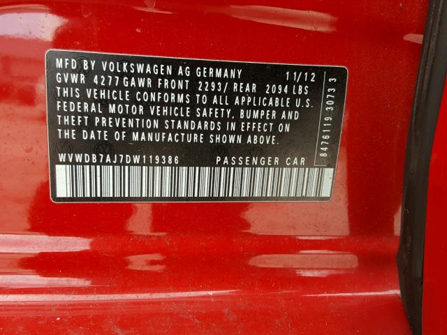 WVWDB7AJ7DW119386 - 2013 VOLKSWAGEN GOLF RED photo 10