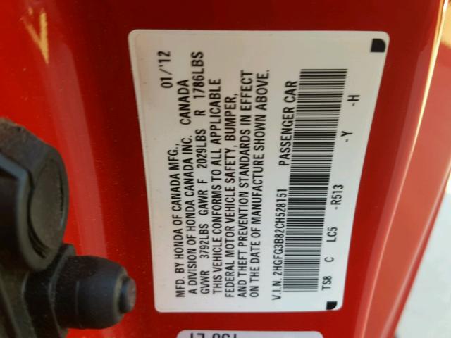 2HGFG3B82CH528151 - 2012 HONDA CIVIC EX RED photo 10