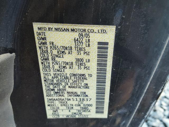 1N6AA06A76N513837 - 2006 NISSAN TITAN XE GRAY photo 10