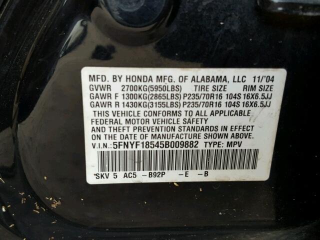 5FNYF18545B009882 - 2005 HONDA PILOT EXL BLACK photo 10