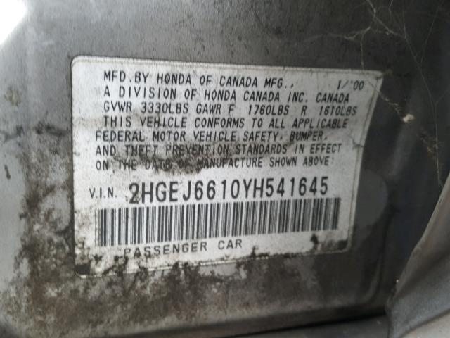 2HGEJ6610YH541645 - 2000 HONDA CIVIC BASE SILVER photo 10