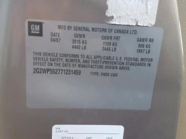 2G2WP552771231459 - 2007 PONTIAC GRAND PRIX BEIGE photo 10