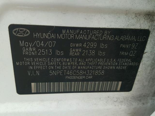 5NPET46C58H321858 - 2008 HYUNDAI SONATA WHITE photo 10