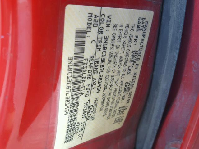 3N1BC13E87L381934 - 2007 NISSAN VERSA S RED photo 10