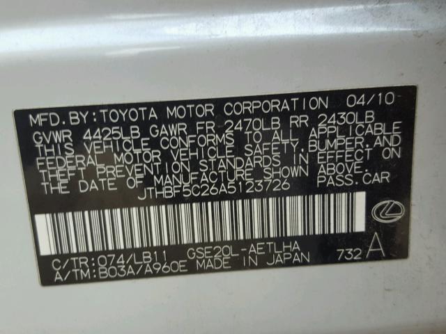 JTHBF5C26A5123726 - 2010 LEXUS IS 250 SILVER photo 10