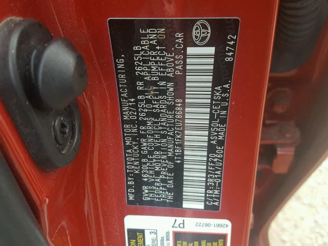 4T1BF1FK7EU786848 - 2014 TOYOTA CAMRY L RED photo 10