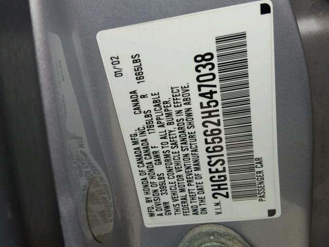 2HGES16562H547038 - 2002 HONDA CIVIC LX SILVER photo 10