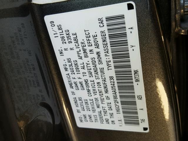 1HGCP2F86AA054238 - 2010 HONDA ACCORD EXL GRAY photo 10