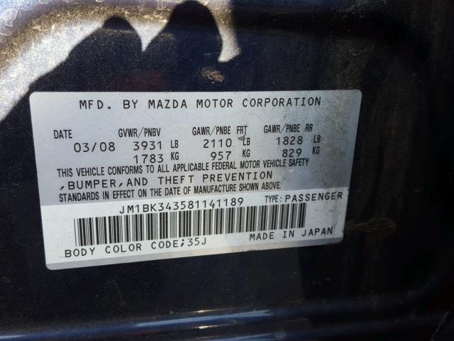 JM1BK343581141189 - 2008 MAZDA 3 HATCHBAC BLUE photo 10