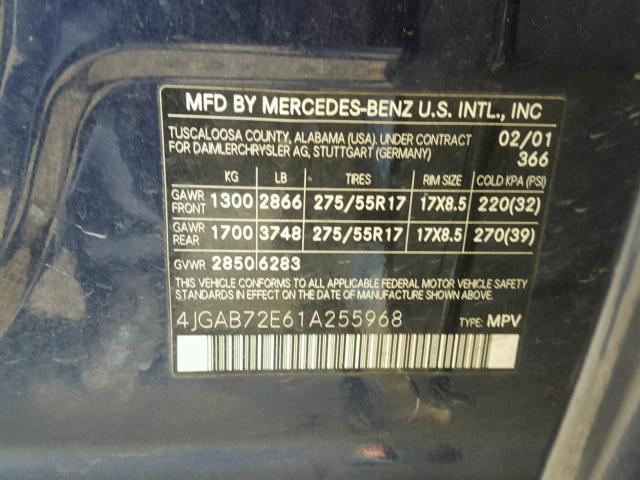 4JGAB72E61A255968 - 2001 MERCEDES-BENZ ML 430 BLACK photo 10