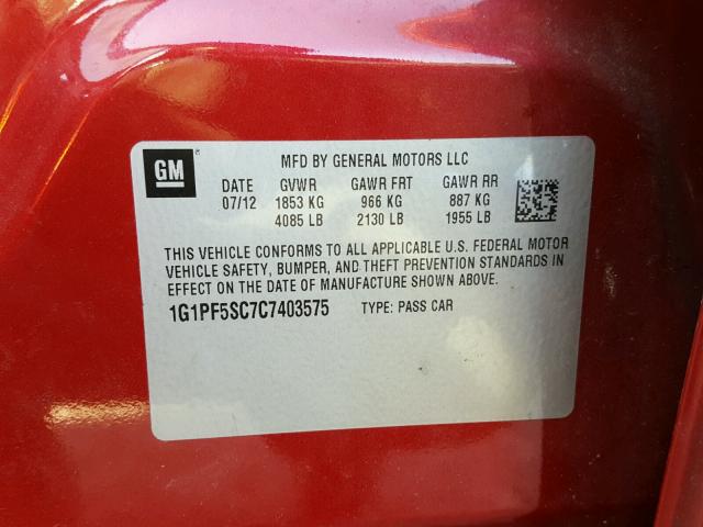 1G1PF5SC7C7403575 - 2012 CHEVROLET CRUZE LT RED photo 10