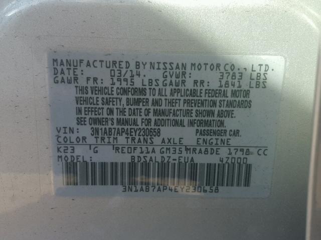 3N1AB7AP4EY230658 - 2014 NISSAN SENTRA S SILVER photo 10