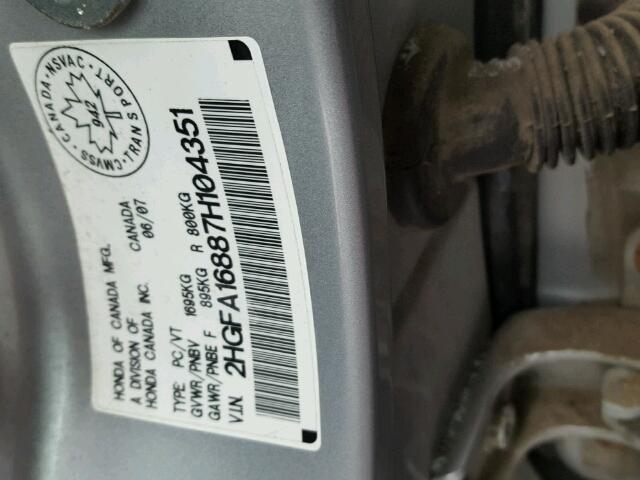 2HGFA16887H104351 - 2007 HONDA CIVIC EX 银色 照片 10