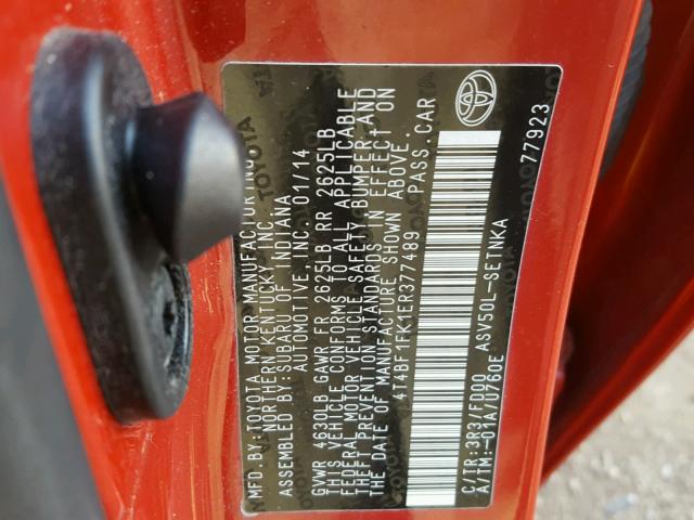 4T4BF1FK1ER377489 - 2014 TOYOTA CAMRY L RED photo 10