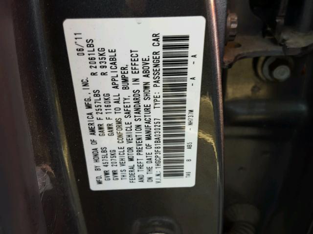 1HGCP3F81BA030257 - 2011 HONDA ACCORD EXL CHARCOAL photo 10