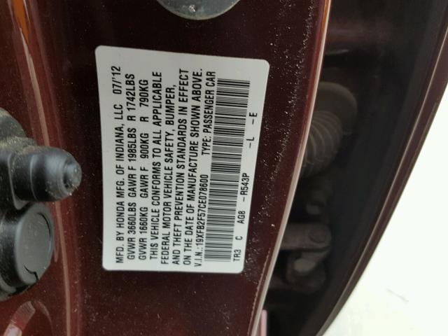 19XFB2F57CE078600 - 2012 HONDA CIVIC LX MAROON photo 10