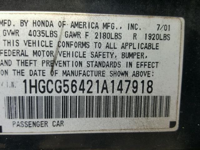 1HGCG56421A147918 - 2001 HONDA ACCORD LX BLACK photo 10