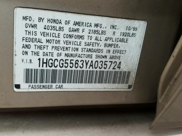 1HGCG5563YA035724 - 2000 HONDA ACCORD EX GOLD photo 10