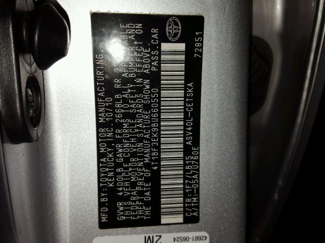 4T1BF3EK9BU660550 - 2011 TOYOTA CAMRY BASE SILVER photo 10