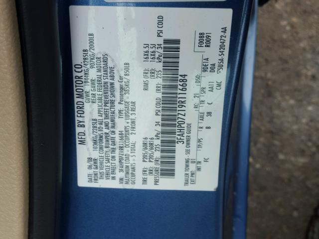 3FAHP07Z19R116684 - 2009 FORD FUSION SE BLUE photo 10