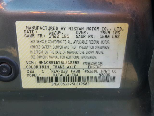 3N1CB51D75L512583 - 2005 NISSAN SENTRA 1.8 GREEN photo 10