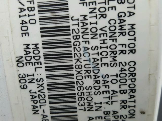 JT2BG22K8X0265637 - 1999 TOYOTA CAMRY LE თეთრი ფოტო 10