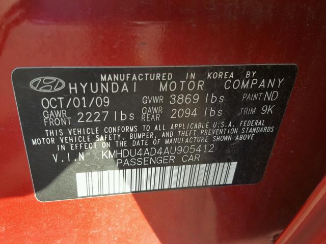 KMHDU4AD4AU905412 - 2010 HYUNDAI ELANTRA BL RED photo 10