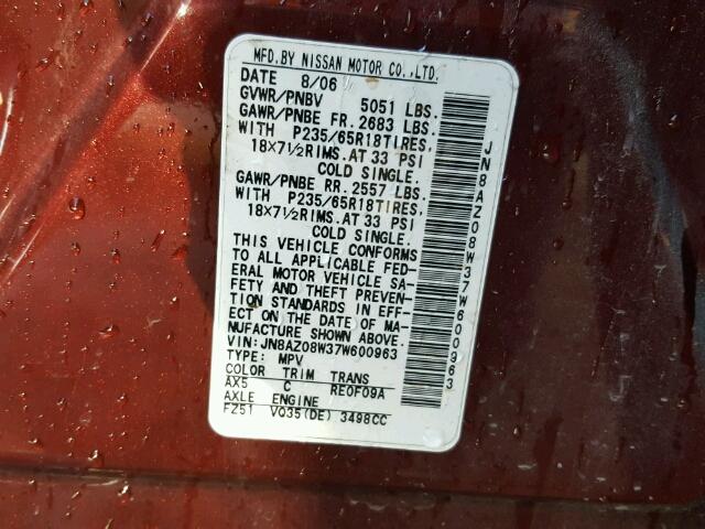 JN8AZ08W37W600963 - 2007 NISSAN MURANO SL MAROON photo 10