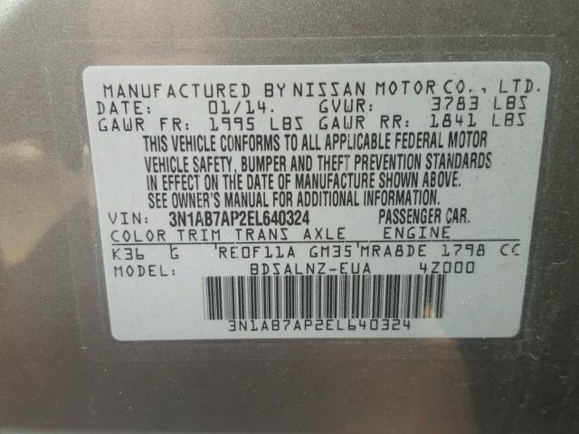 3N1AB7AP2EL640324 - 2014 NISSAN SENTRA S GRAY photo 10