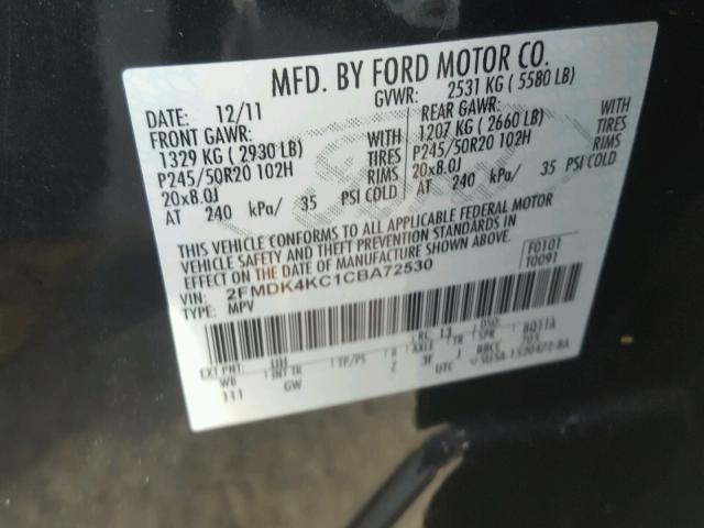 2FMDK4KC1CBA72530 - 2012 FORD EDGE LIMIT BLACK photo 10