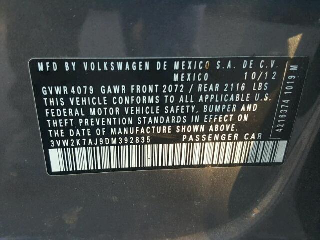 3VW2K7AJ9DM392835 - 2013 VOLKSWAGEN JETTA BASE 灰色 照片 10