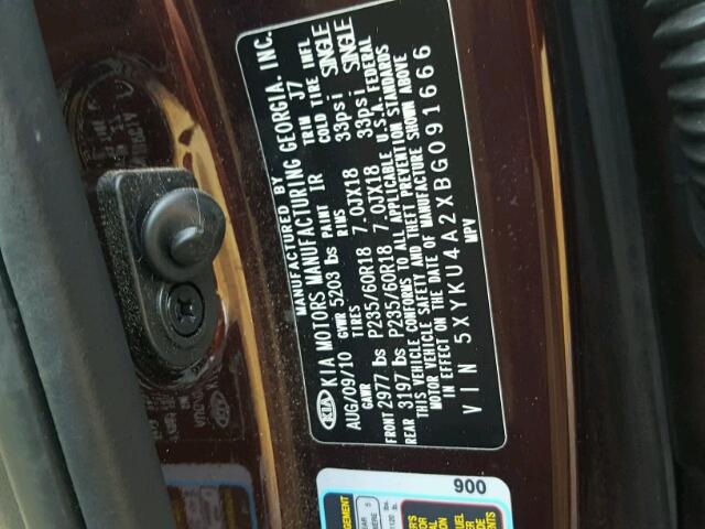 5XYKU4A2XBG091666 - 2011 KIA SORENTO EX Tünd qırmızı foto 10