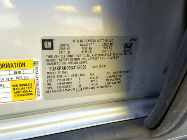 5GAKRAKD5GJ159039 - 2016 BUICK ENCLAVE ვერცხლისფერი ფოტო 10