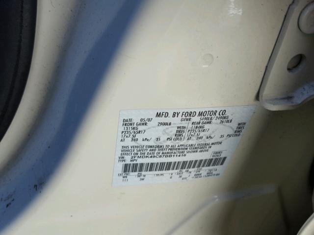 2FMDK49C87BB11416 - 2007 FORD EDGE SEL P WHITE photo 10