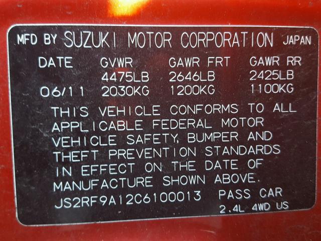 JS2RF9A12C6100013 - 2012 SUZUKI KIZASHI S RED photo 10