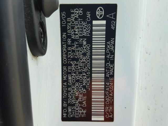 JTKDE167260098690 - 2006 TOYOTA SCION TC 白色 照片 10