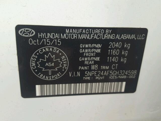 5NPE24AF5GH324598 - 2016 HYUNDAI SONATA SE WHITE photo 10