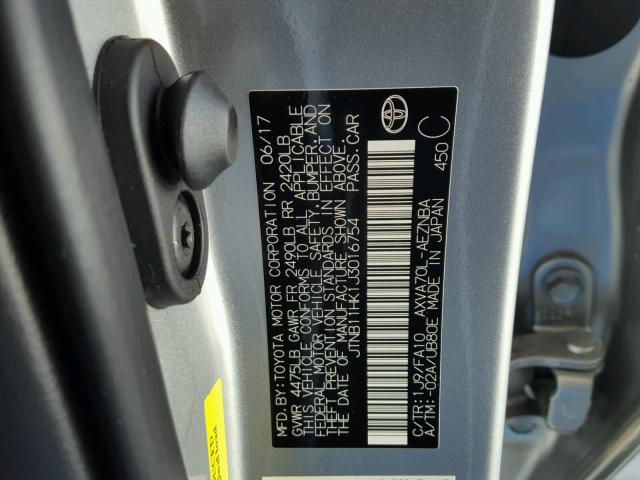 JTNB11HK1J3016754 - 2018 TOYOTA CAMRY L ვერცხლისფერი ფოტო 10