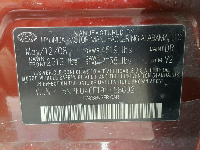 5NPEU46F19H458692 - 2009 HYUNDAI SONATA SE MAROON photo 10