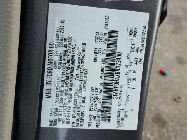 3FAHP0HAXBR323430 - 2011 FORD FUSION SE GRAY photo 10