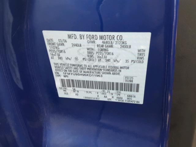 1FMYU95H96KD11963 - 2006 FORD ESCAPE HEV BLUE photo 10