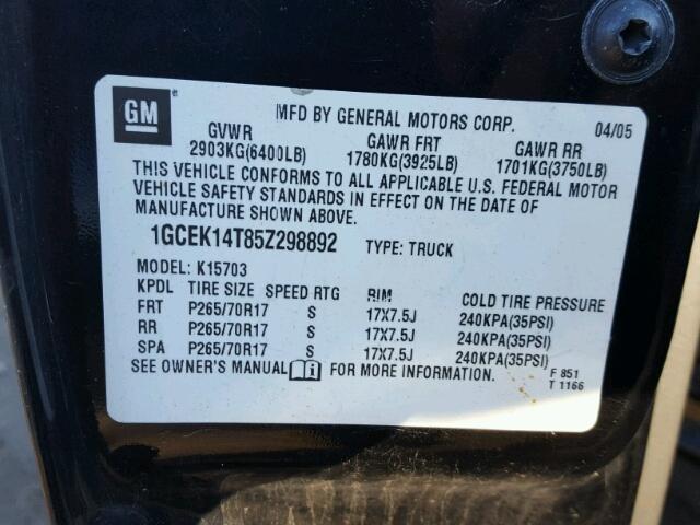 1GCEK14T85Z298892 - 2005 CHEVROLET SILVERADO BLACK photo 10